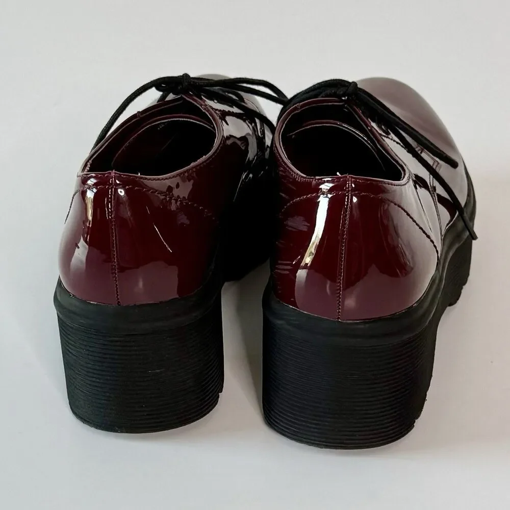 Forever 21 Women Oxford Sz 8 Burgundy Red Faux Patent Leather Lace Chunky Shoes